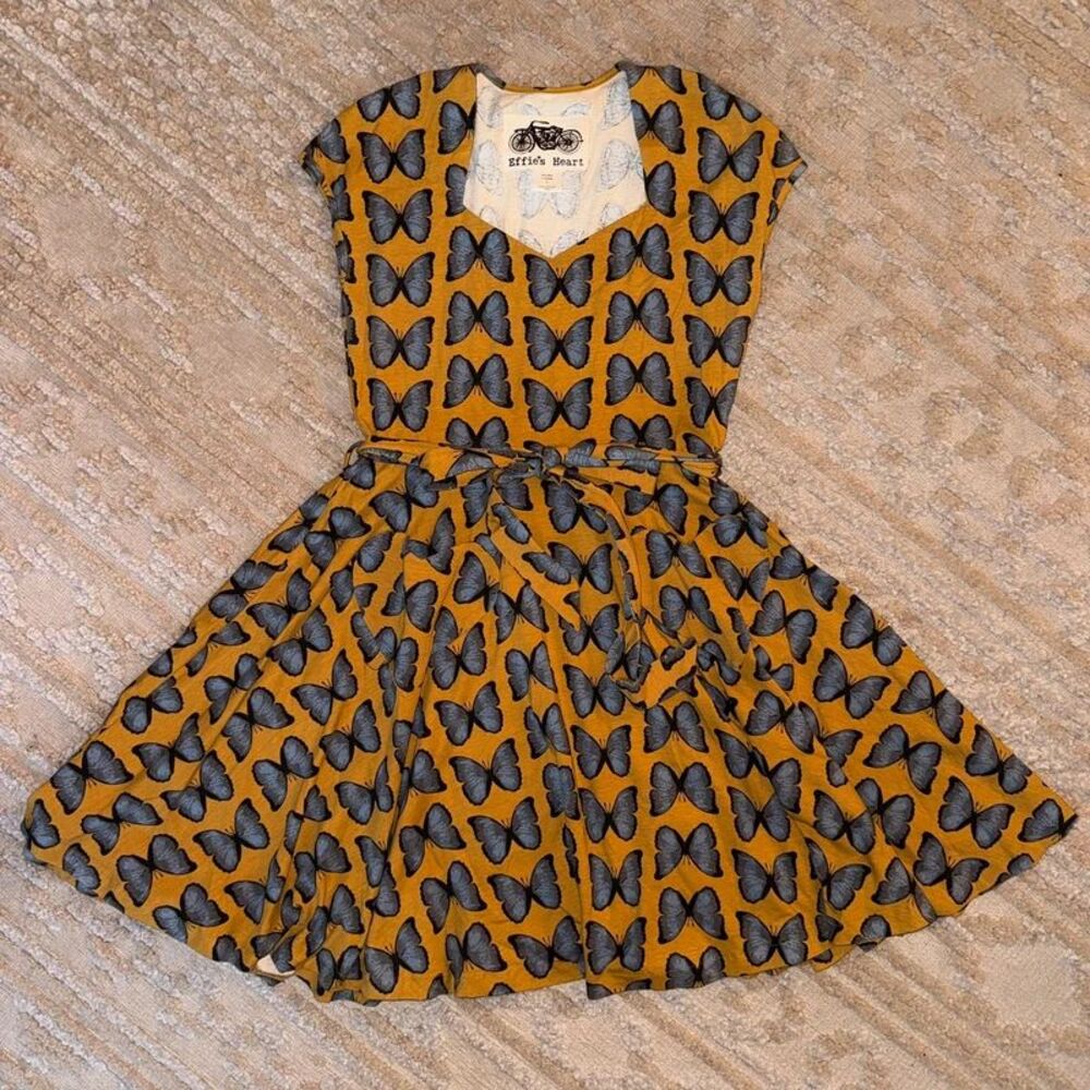 Effie’s Heart Butterfly Dress Mustard Yellow Blue Fit & Flare Heart Pockets L